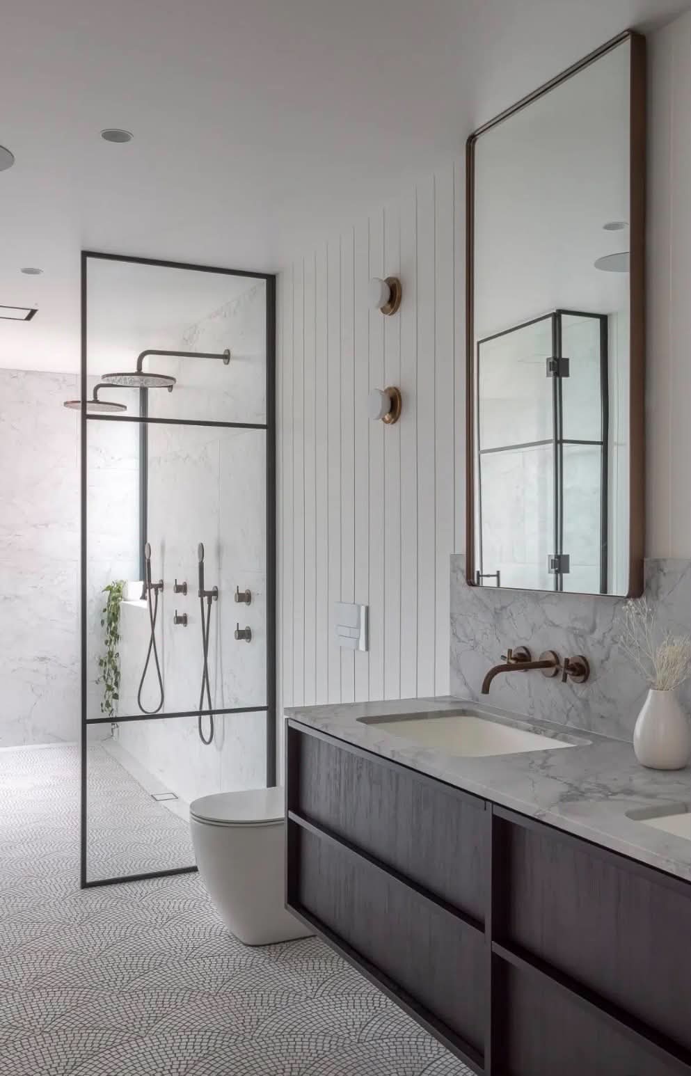 Luxury marble bathroom with black joinery and shiplap feature wall