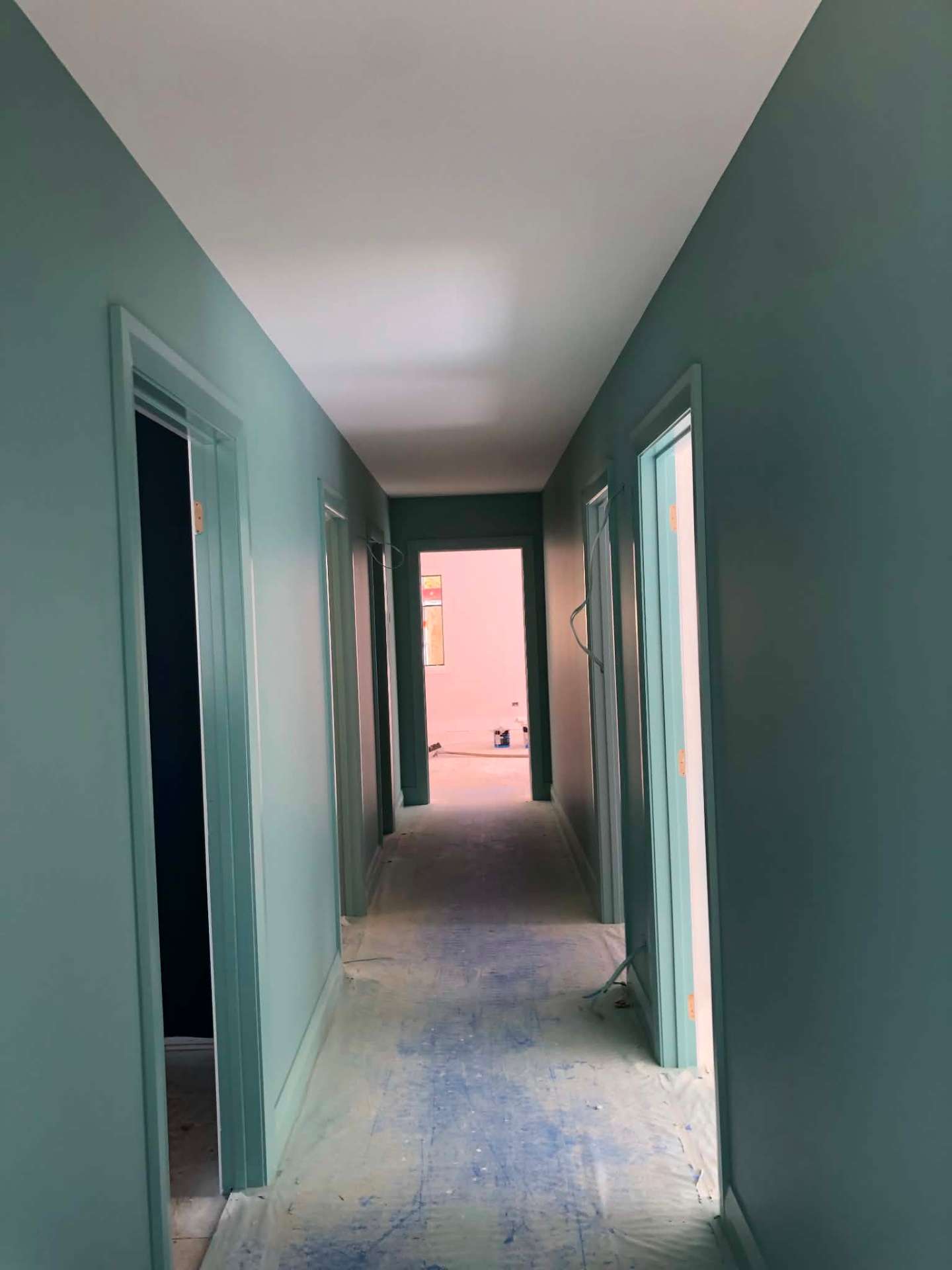 Hallway freshly painted in soft sage green with white ceiling